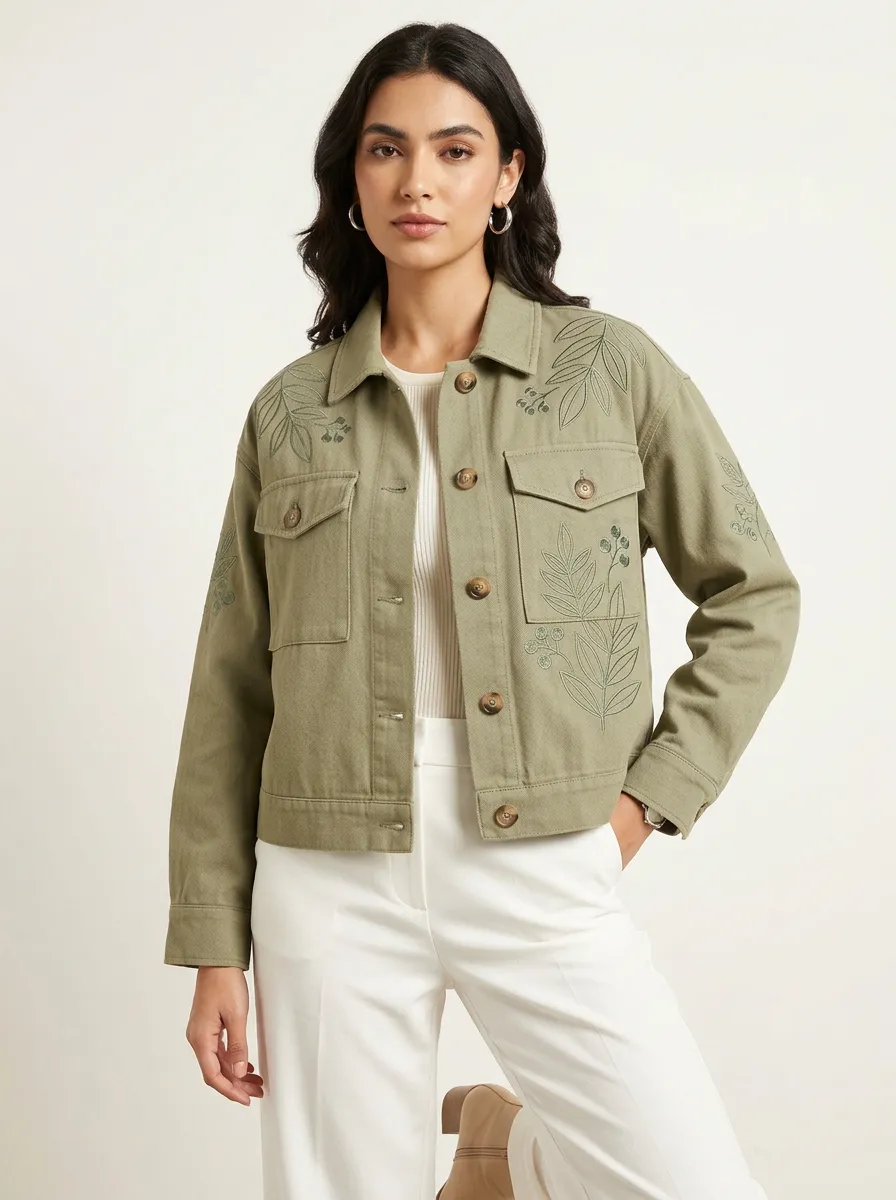 Women's Meadow Botanical Leaf Embroidered Printed Jacket