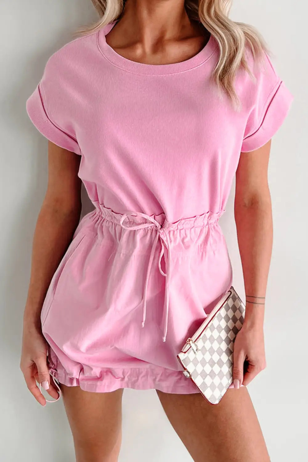 Drawstring Mixed Panel Short Sleeve Mini Dress