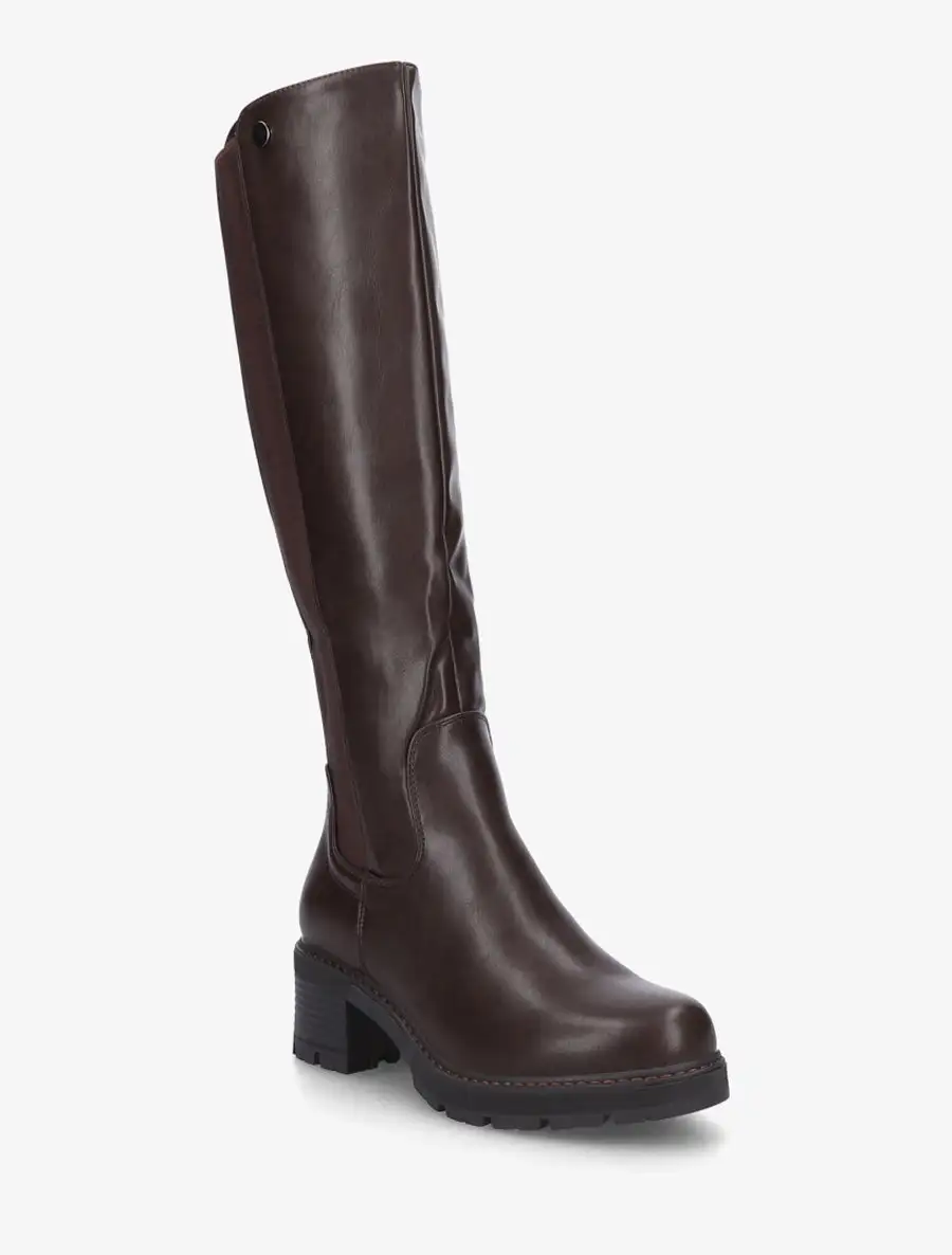 Bold Detail Stretch Panel Block Heel Faux Leather Knee High Boots