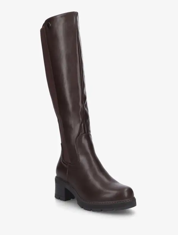 Bold Detail Stretch Panel Block Heel Faux Leather Knee High Boots