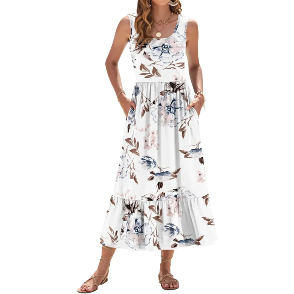 Women's Square Neck Sleeveless Floral Tiered Maxi Dress With Pockets