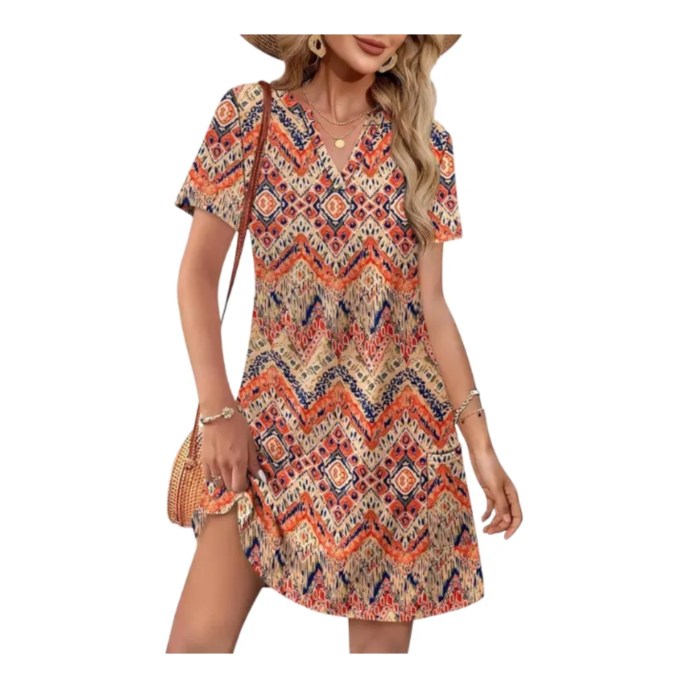 Women’s Summer Casual Dress – V-Neck Short Sleeve Beach Dress