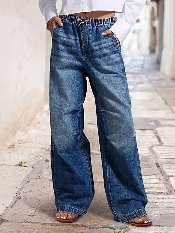 Ombre High Waist Relaxed Fit Drawstring Elastic Waist Jeans