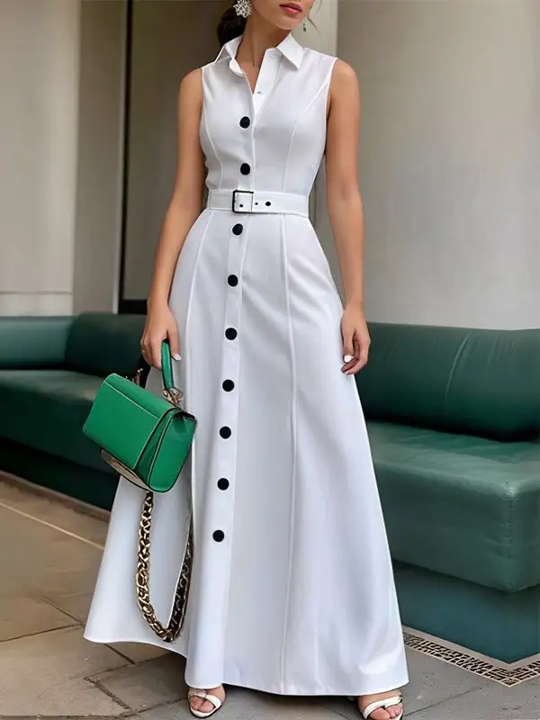 High Buttoned Belted Maxi Dress
