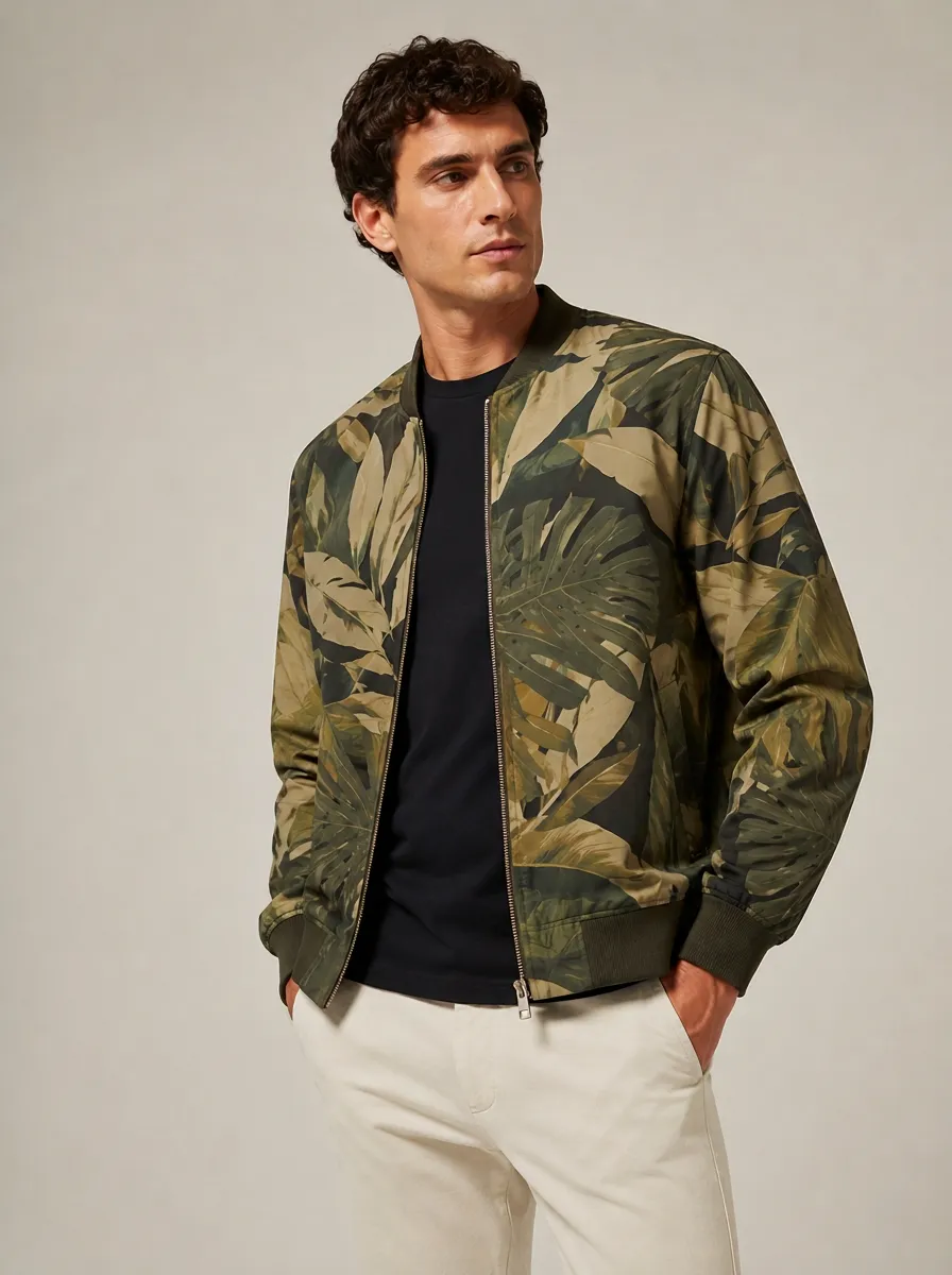 Men's Olive Tropical Print Bomber Jacket with Pocketless streamlined construction with Full-length front zipper closure with a metallic finish