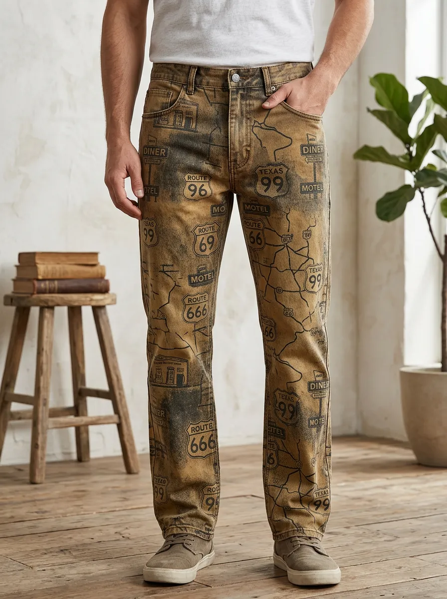 Men's Texas Route Map Diner Motel Printed Pants