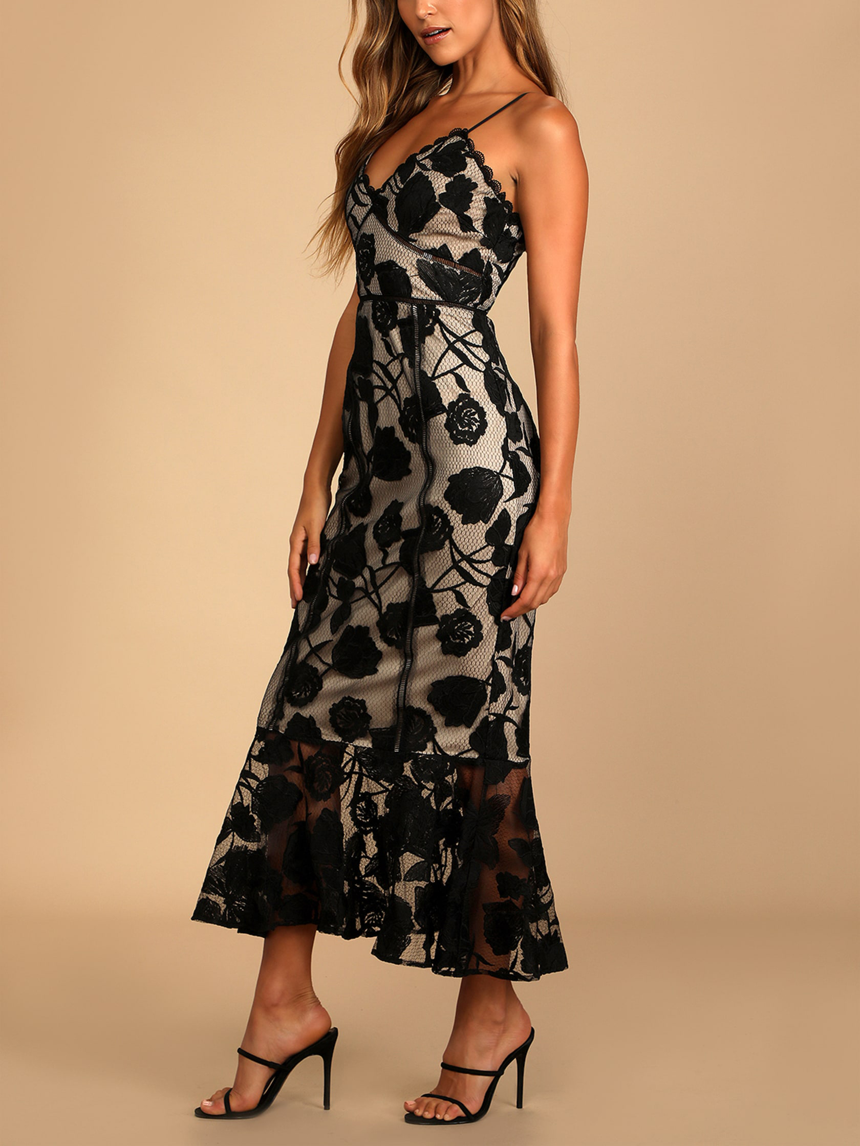 Navy Blue Floral Mesh Lace Trumpet Midi Dress