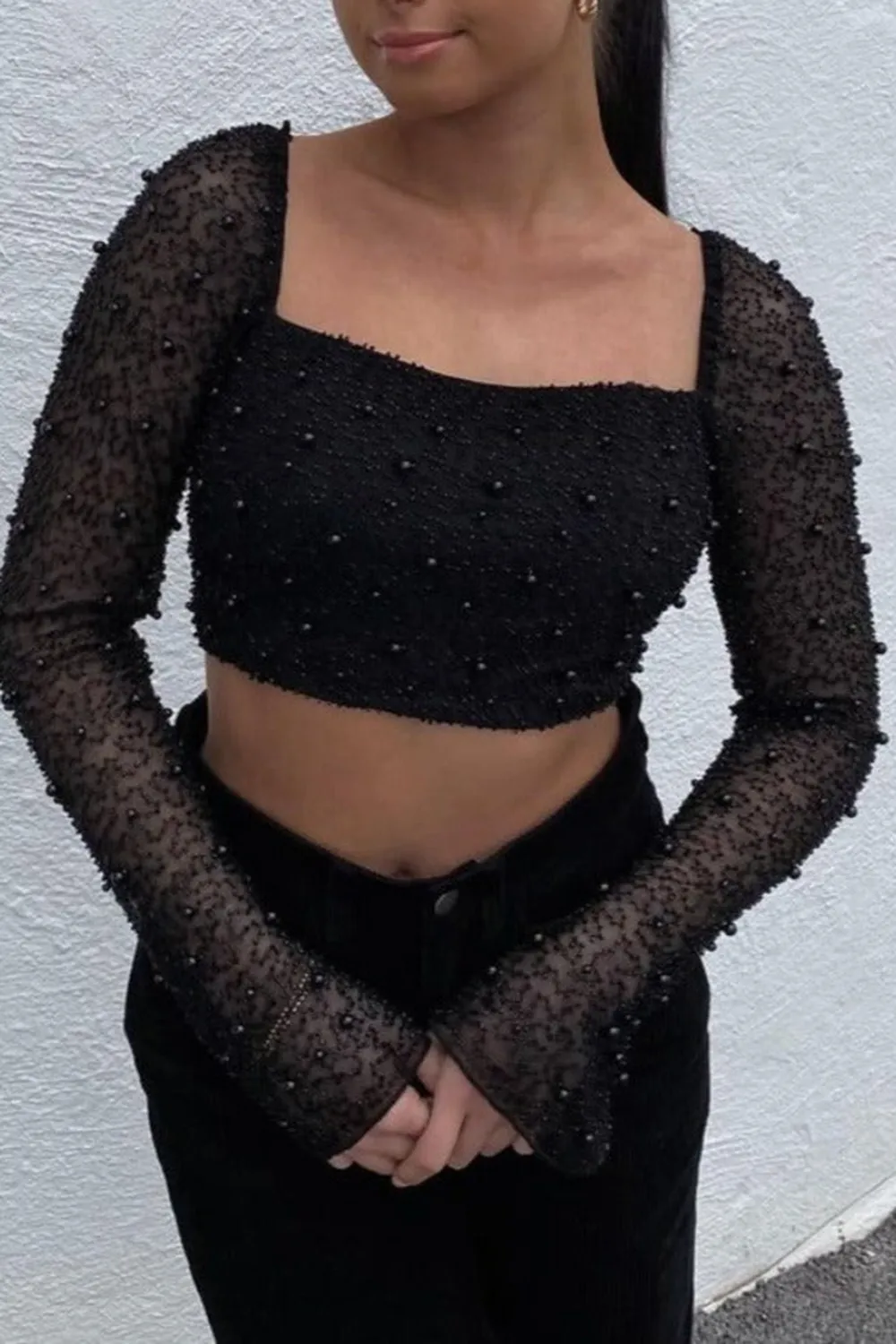 Cristal Black Beaded Long Sleeve Crop Top