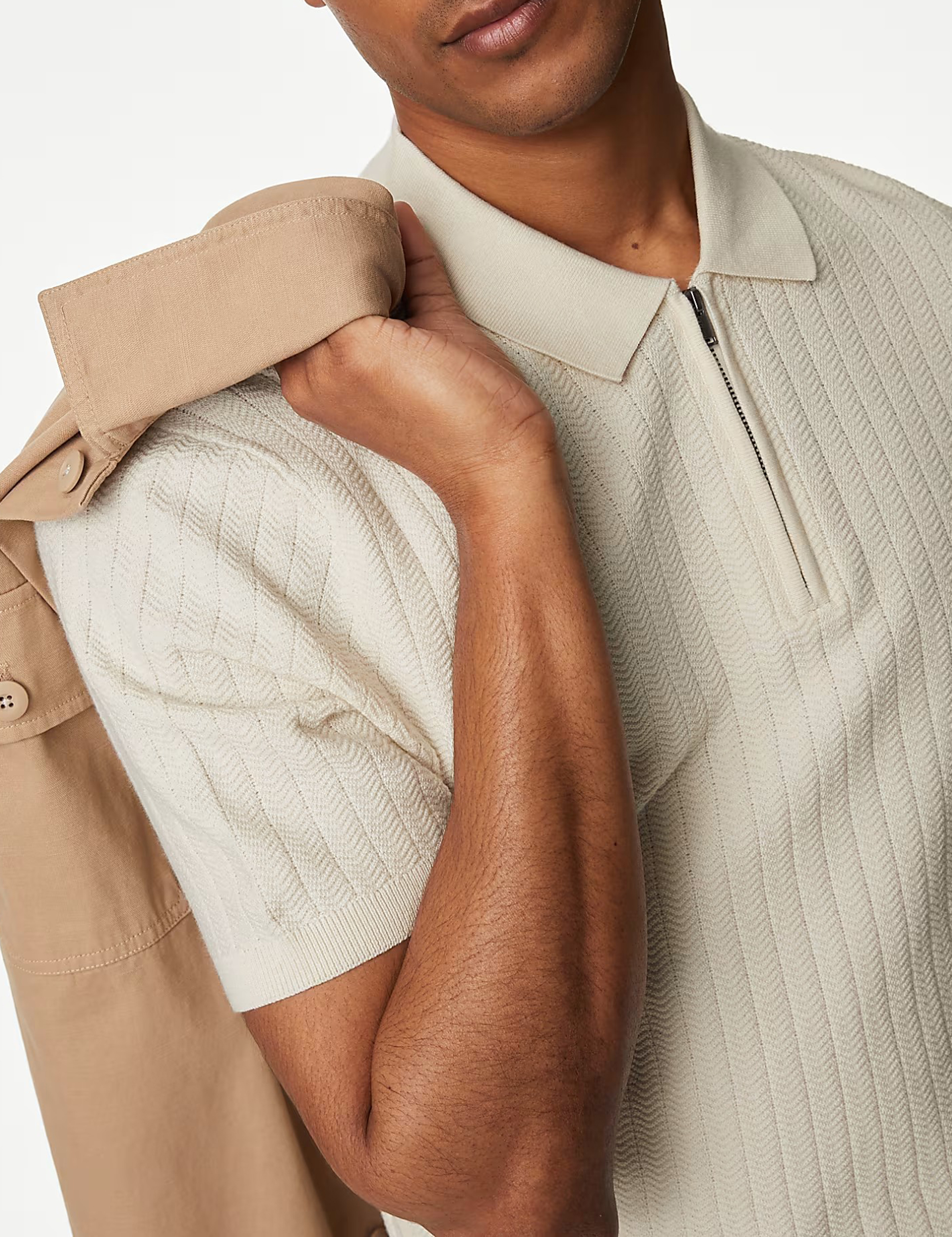 Men's Pink Textured Knit Quarter Zip Polo