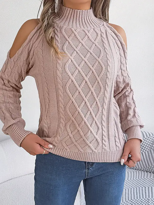 Openwork Cold Shoulder Long Sleeve Relaxed Fit Pullover Sweater
