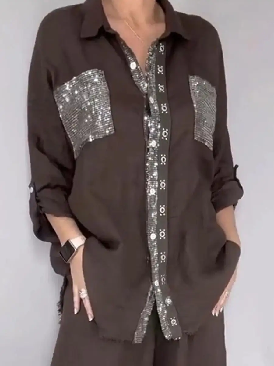 Wide-Leg Long-Sleeve Lapel Women's Matching Set