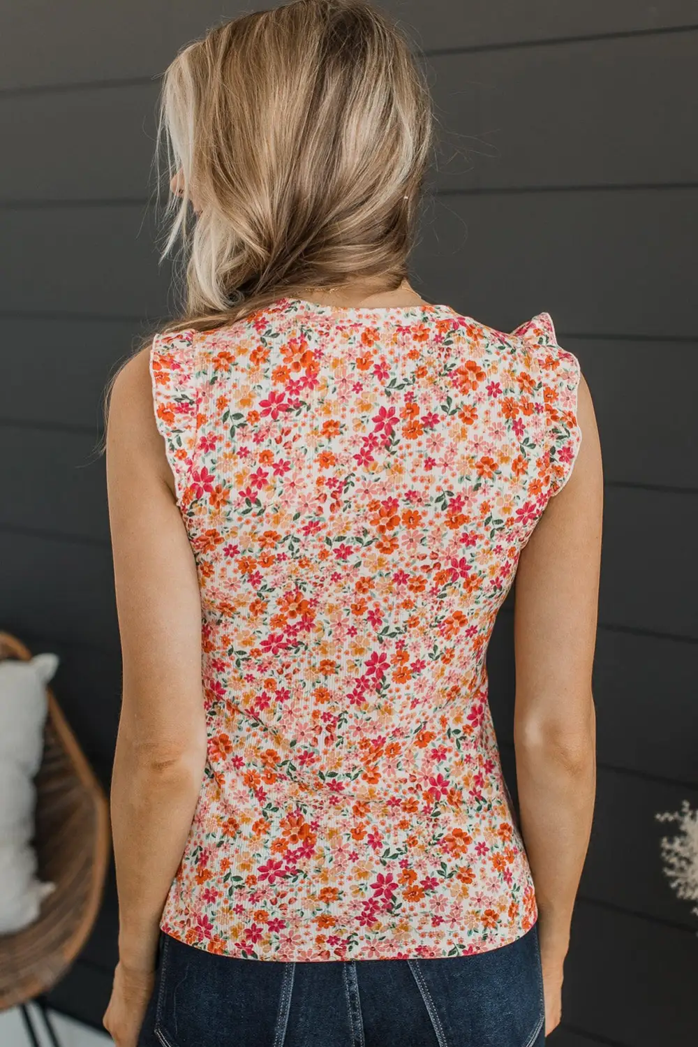 Floral Ribbed Knit Frill Tank Top