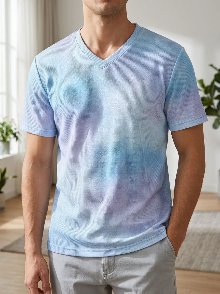 Men's Blue Purple Tie Dye Waffle Knit V-Neck Printed T-Shirt