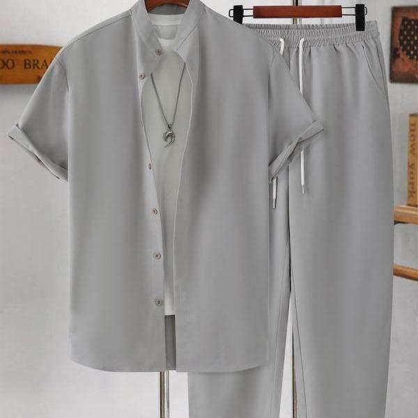Men's Two-piece Suit Shirt and Elastic Waist Pants Set