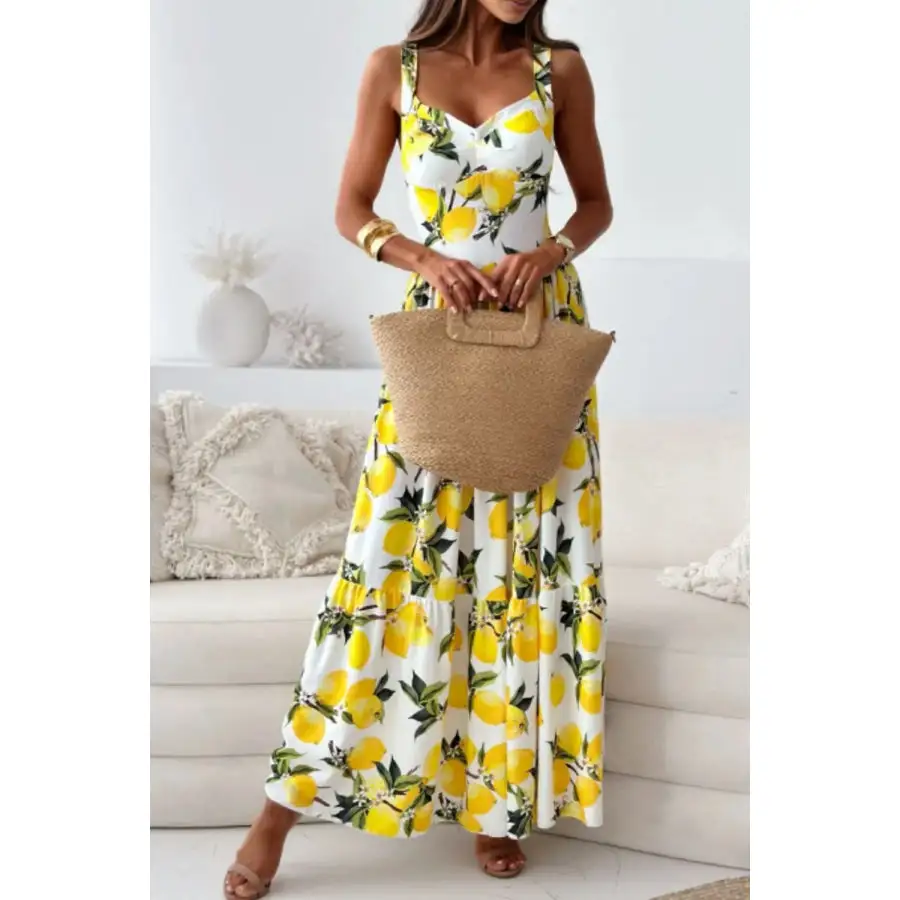 Lemon Print Sweetheart Neck Maxi Dress