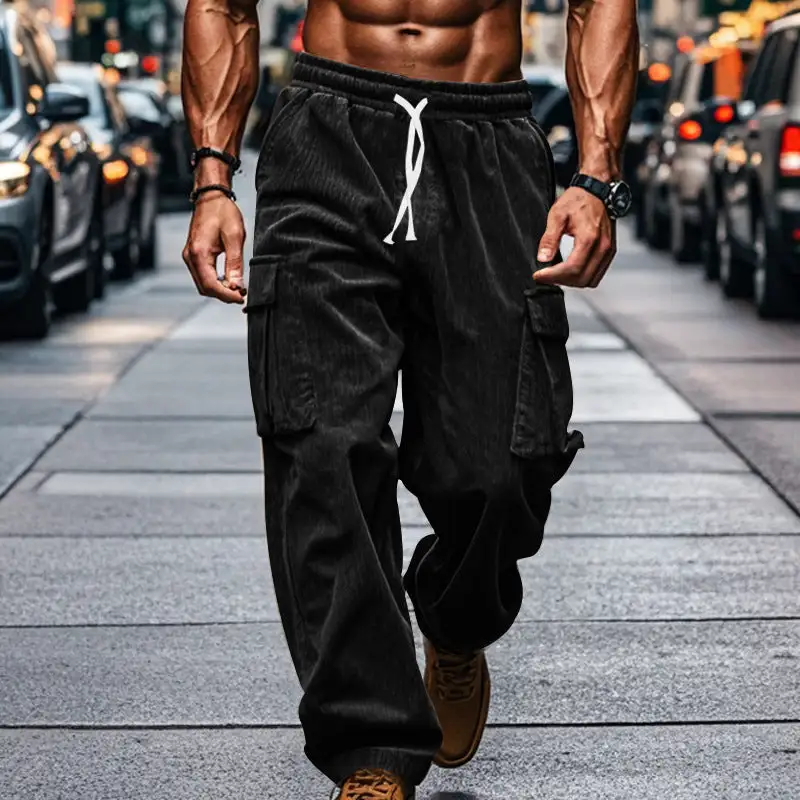 Men's Loose Corduroy Cargo Pants Waistband Pockets