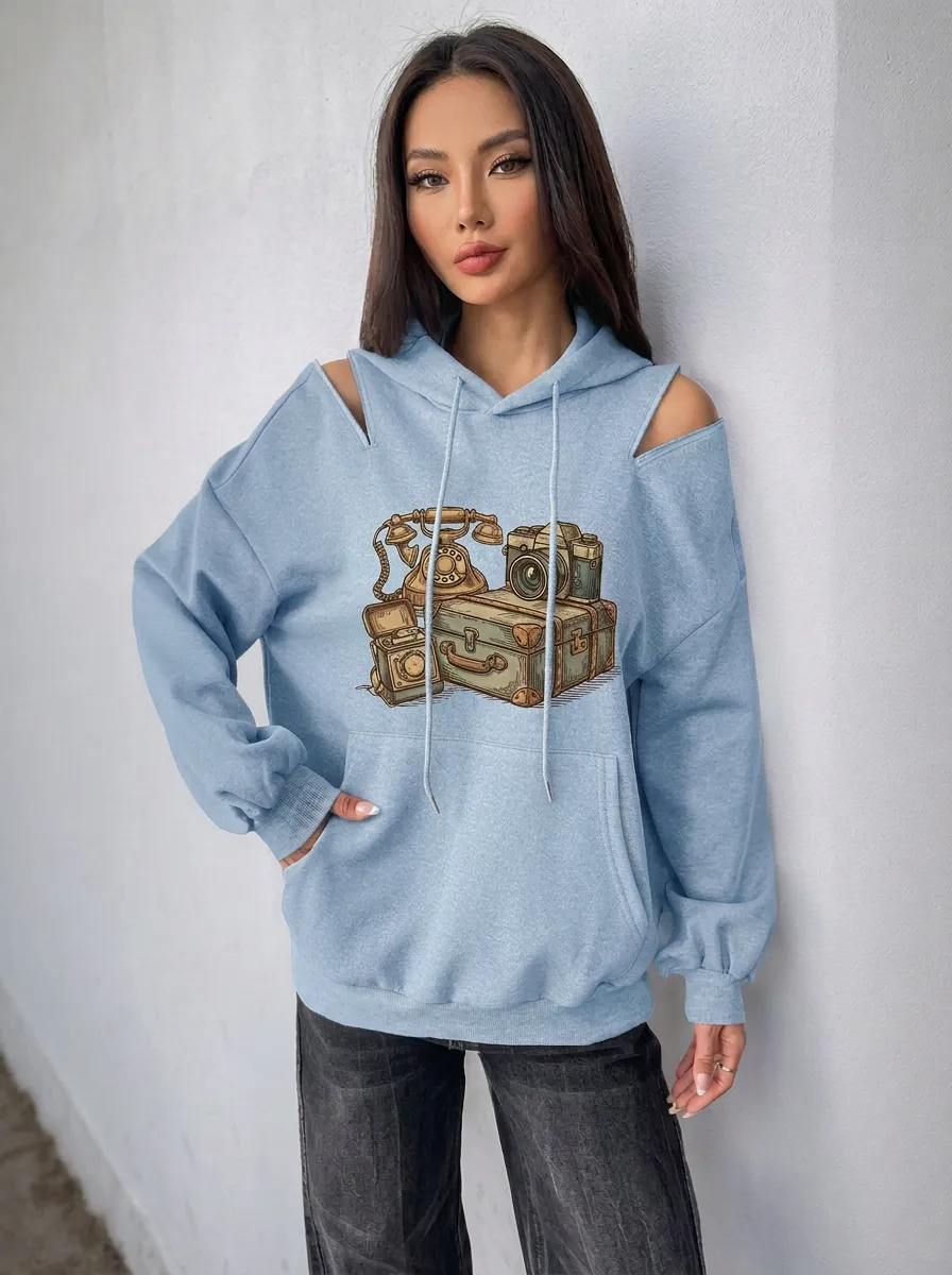 Women's Vintage Traveler Retro Camera Phone Printed Cold Shoulder Hoodie