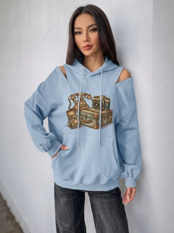 Women's Vintage Traveler Retro Camera Phone Printed Cold Shoulder Hoodie