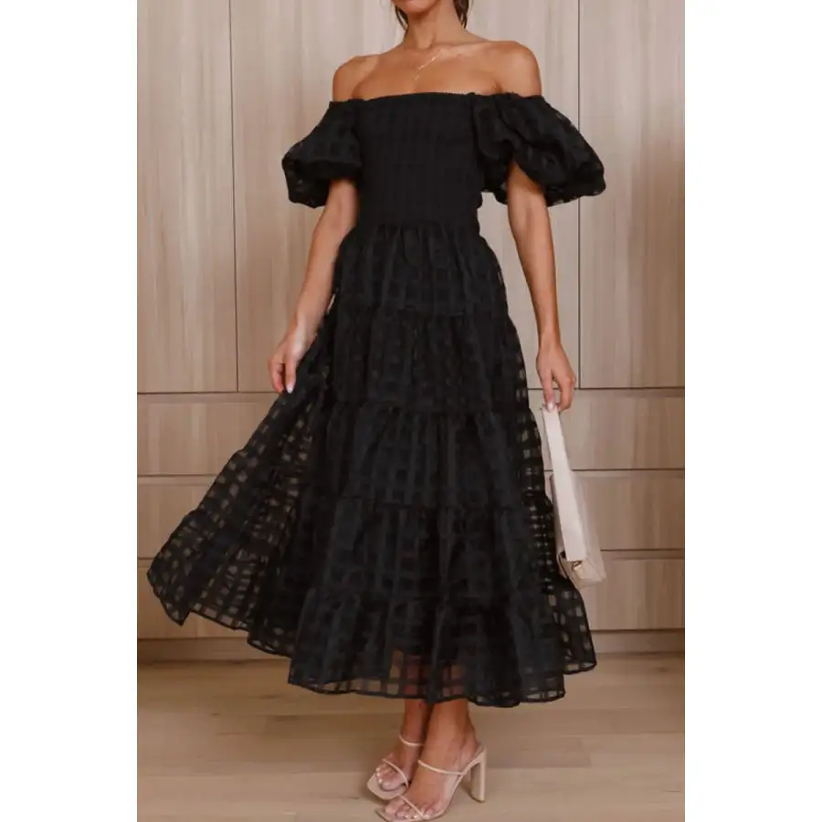 Off Shoulder Short Puff Sleeve Midi Dress
