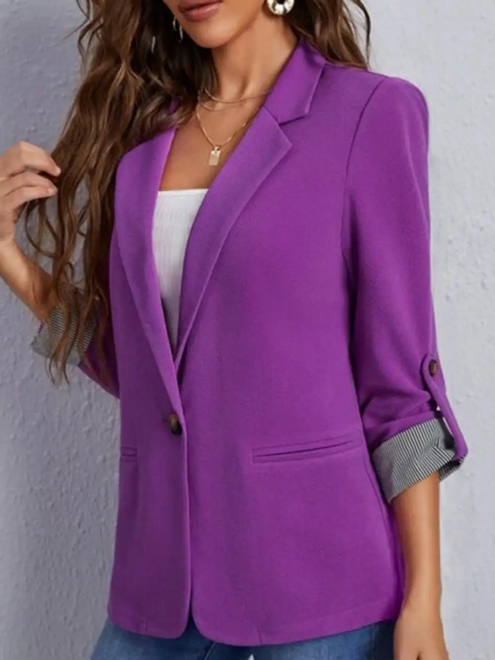 Lapel Collar Roll Tab Sleeve Blazer