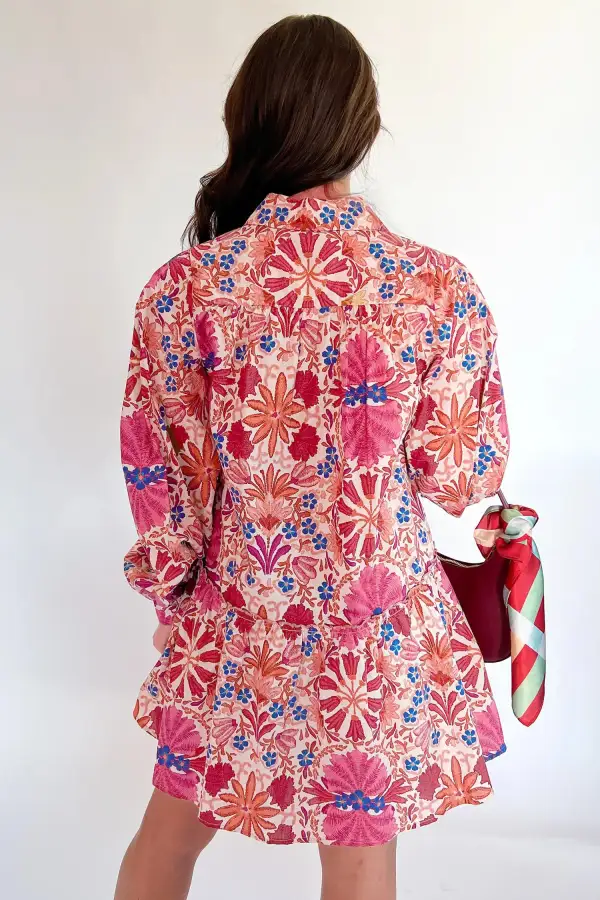 Fall Flower Print Long Sleeve Mini Dress