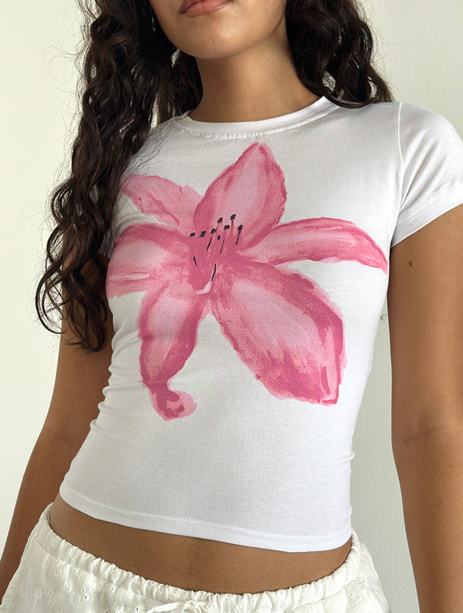 White With Painted Flower Pink Tee