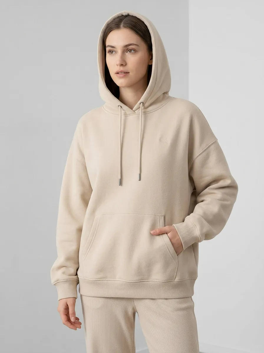 Women's Minimalist Beige Solid Color Embroidered Logo Hoodie
