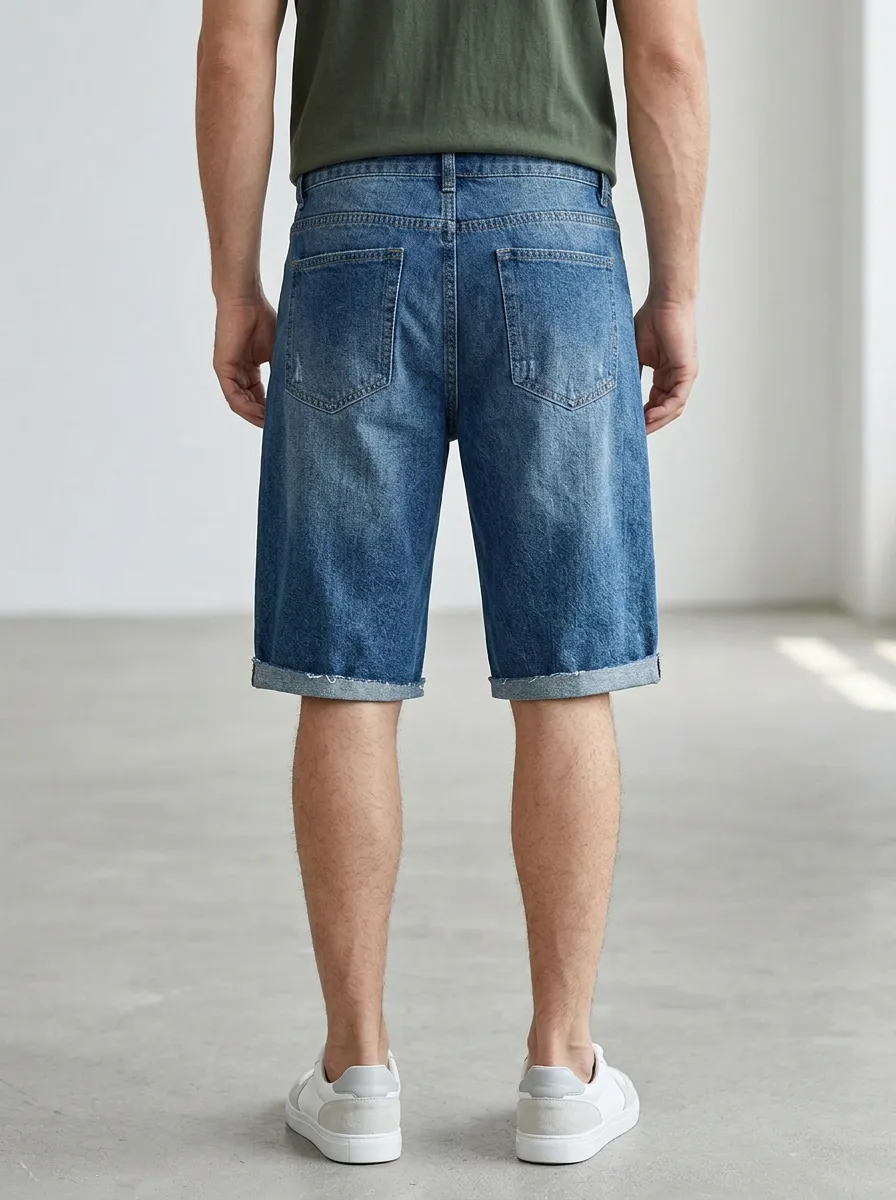 Storage-Ready Streetwear Patchwork Finish Men's Distressed Raw Hem Denim Shorts
