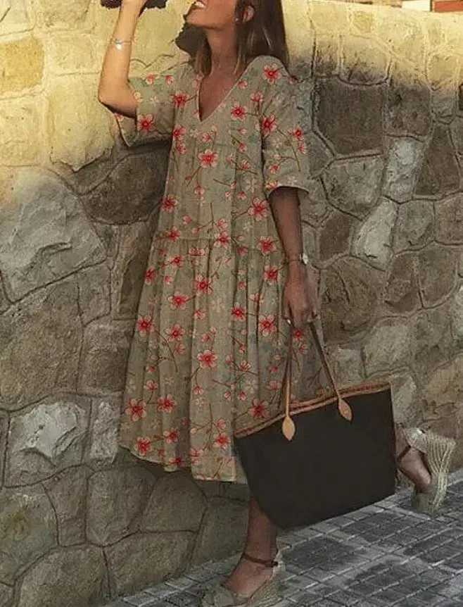 Women Floral Print V-neck Holiday Loose Midi Dress