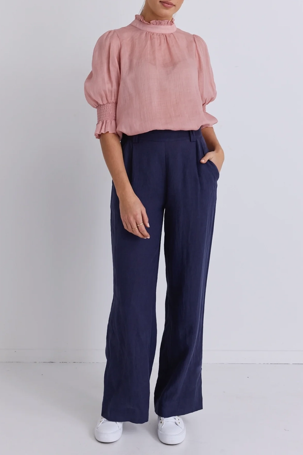 Navy Linen Elastic - Back Wide Pants