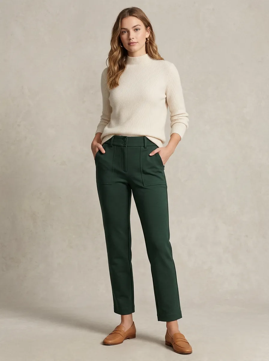 Women's Casual Dark Green High-Waisted Patch Pocket Trousers