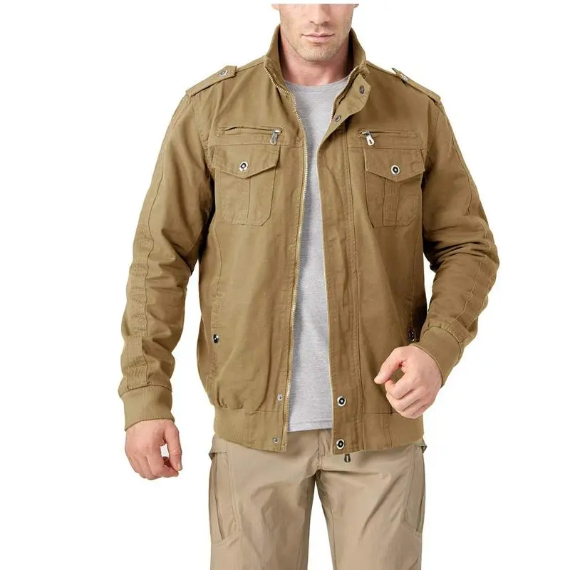 Men's Cotton Jacket Full Zip Lightweight Cargo Work Casual Jacket Outwear Coat Menswear Tops Underwear Human Long Sleeve Beige Plain