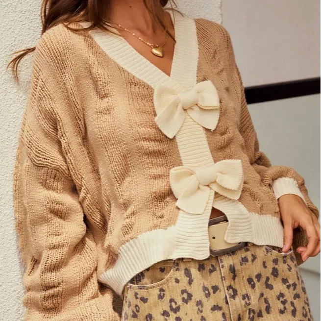 Modern Ribbed Button Front Bow Front Cardigan