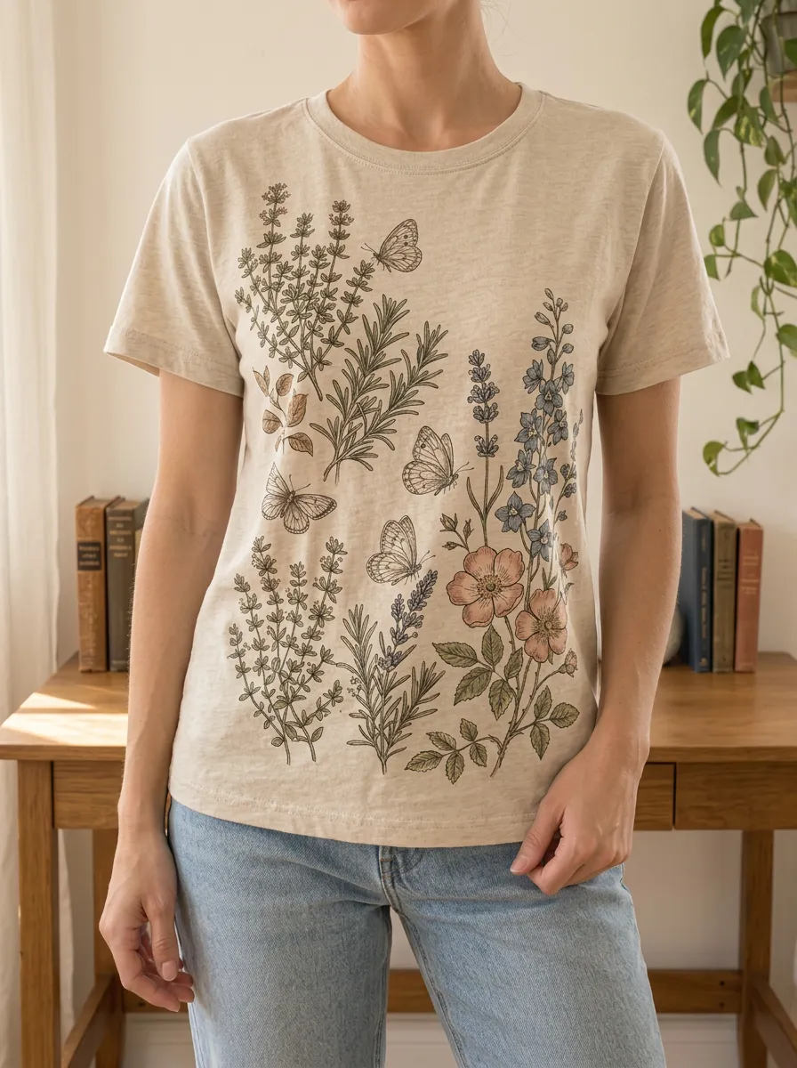 Women's Meadow Botanical Butterfly Nature Lover Crew Neck T-Shirt