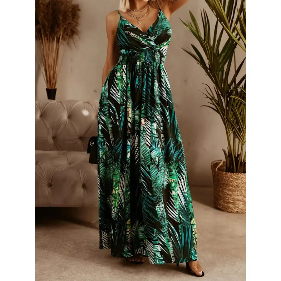 Smocked Printed Surplice Maxi Cami Dress