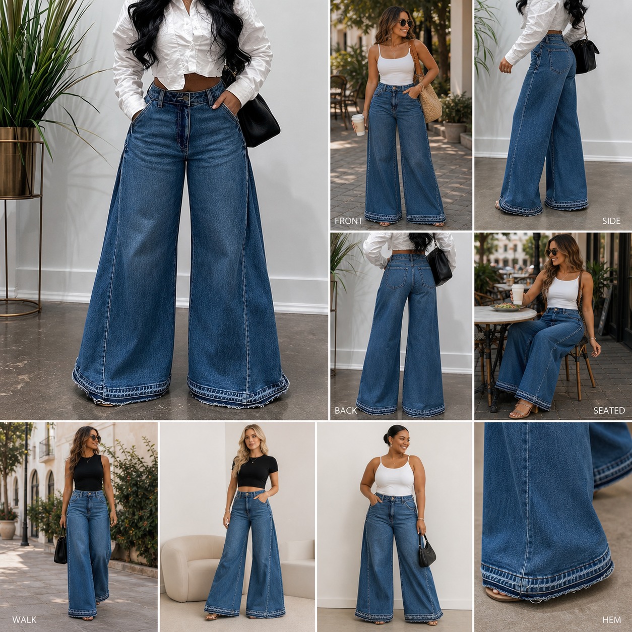 Women's High Waist Flare Wide Leg Jeans front side back seated walking hem views
