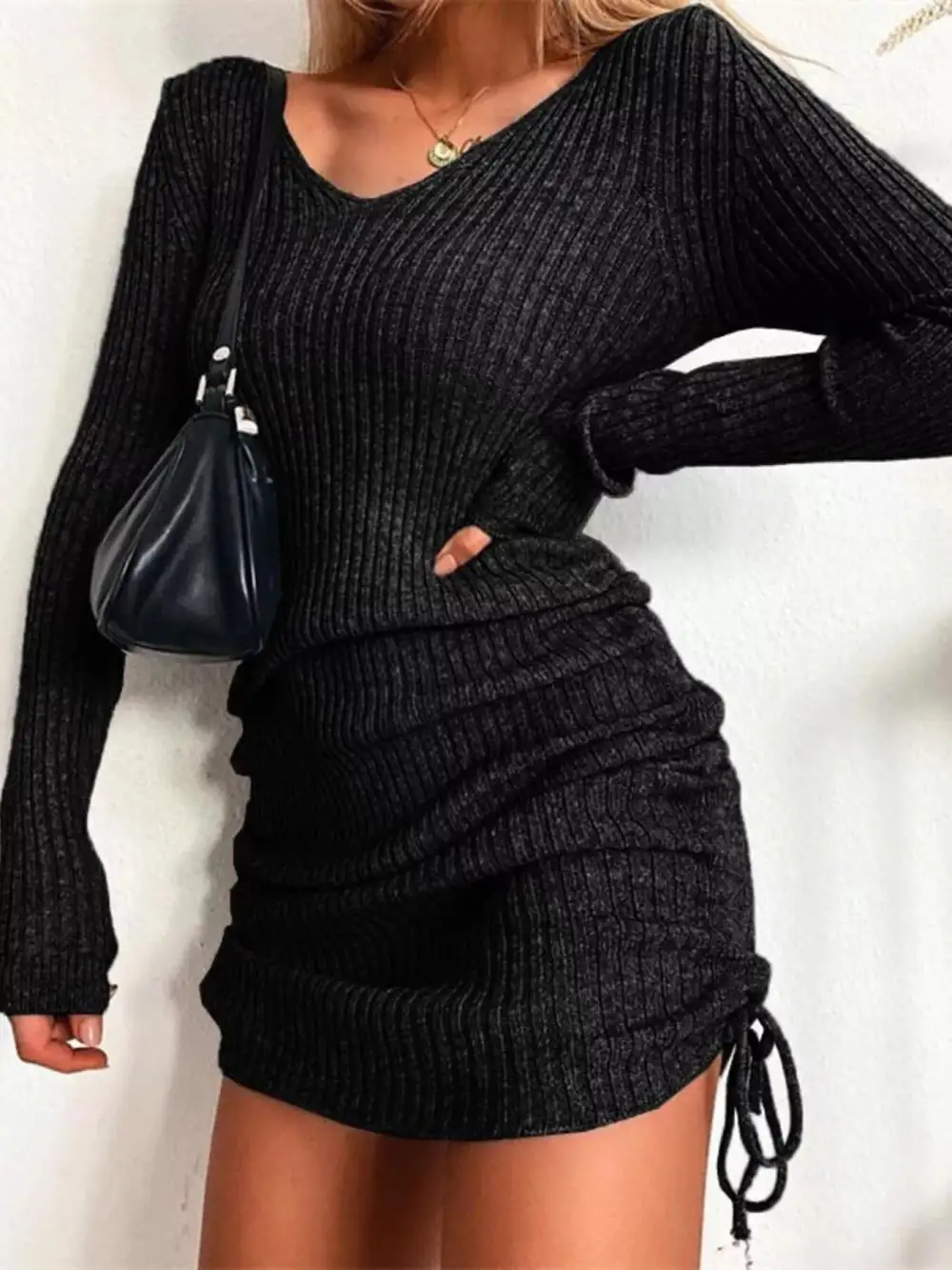 Ribbed Knit Drawstring Sweater Dress
