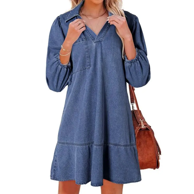 Women Fashion Fall Casual Babydoll 2025 V Neck 3/4 Puff Sleeve Jean Dresses