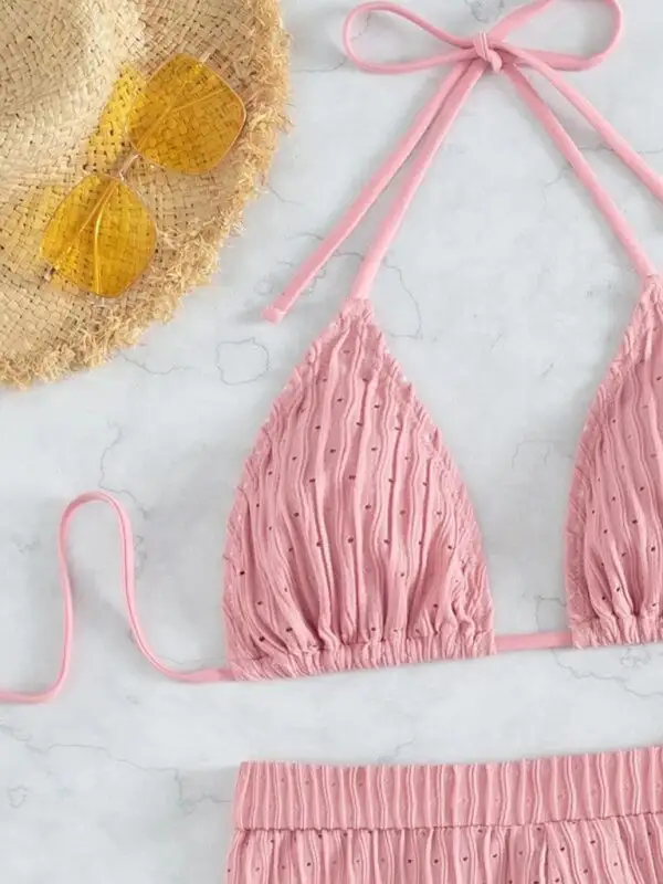Lace Up Textured Coordinated Bikini Swim Set