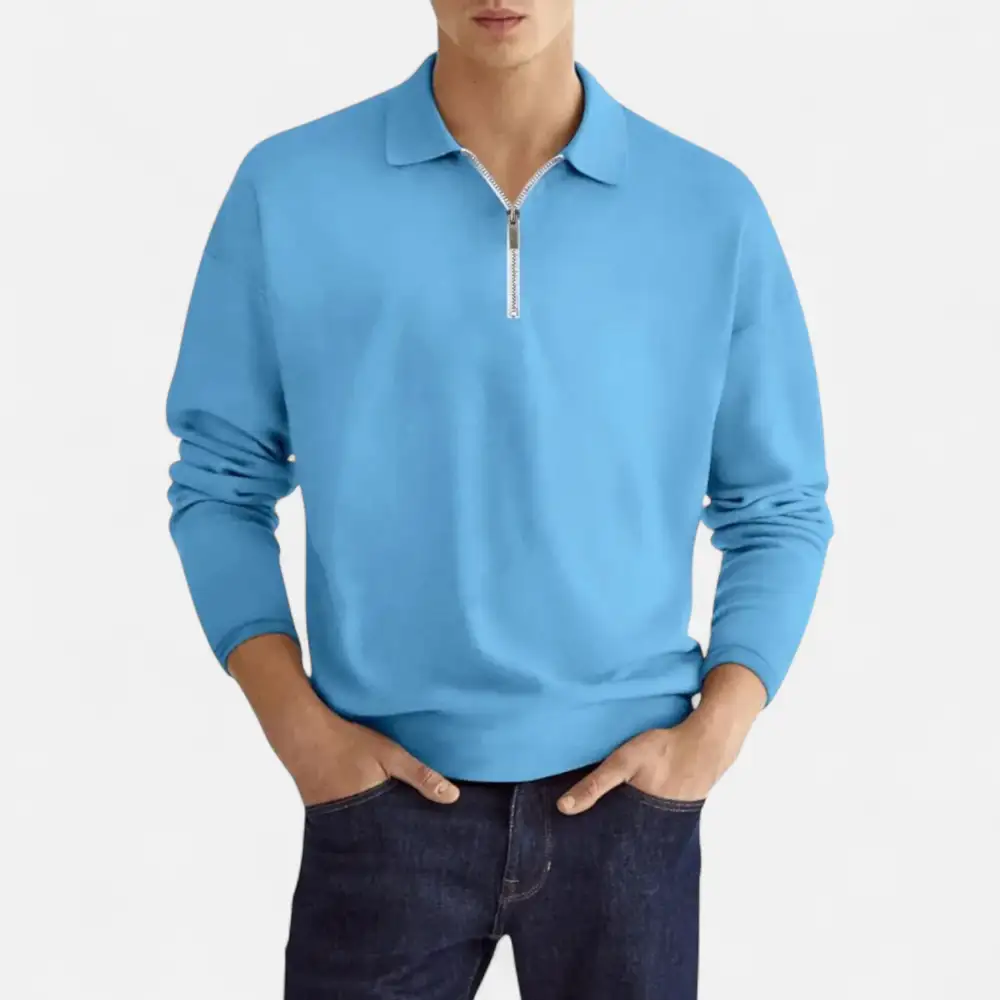 Denim Zip Collar Long Sleeve Polo Shirt