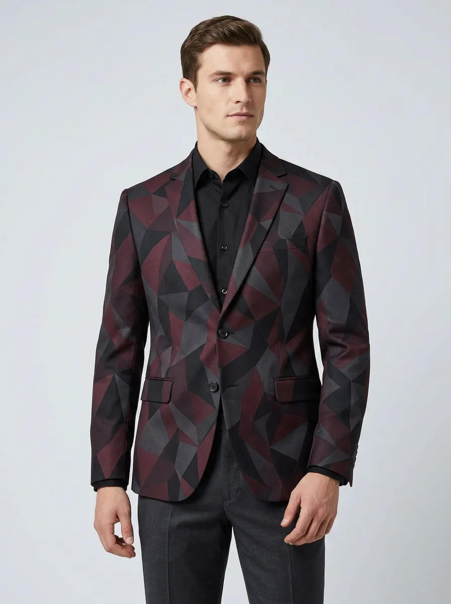 Men's Geometric Print Blazer with Geometric, multi-faceted print pattern