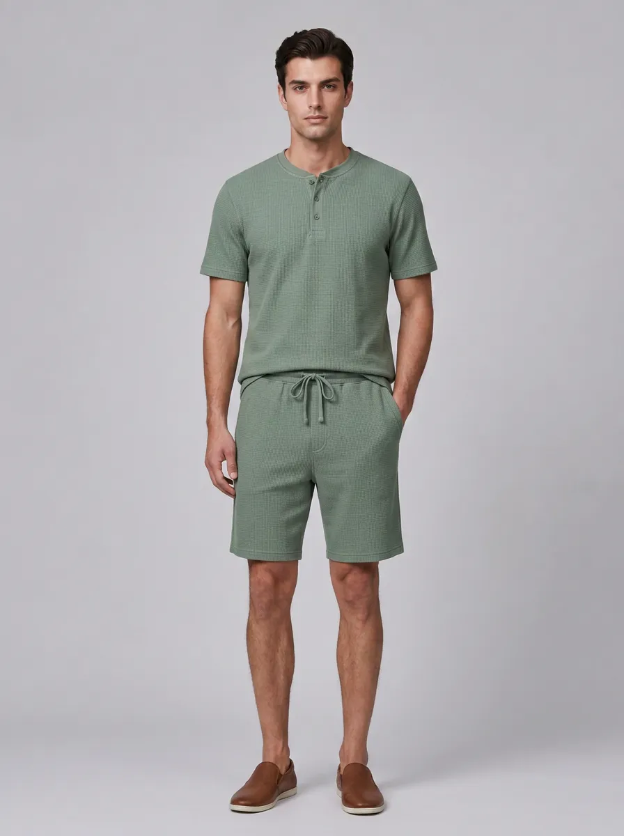 Men's Straight Leg Sage Green Waffle Knit Henley Short Set