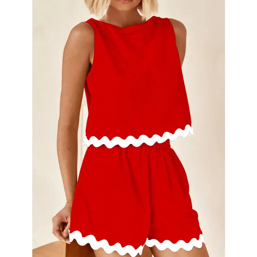 Contrast Trim Round Neck Tank and Shorts Set