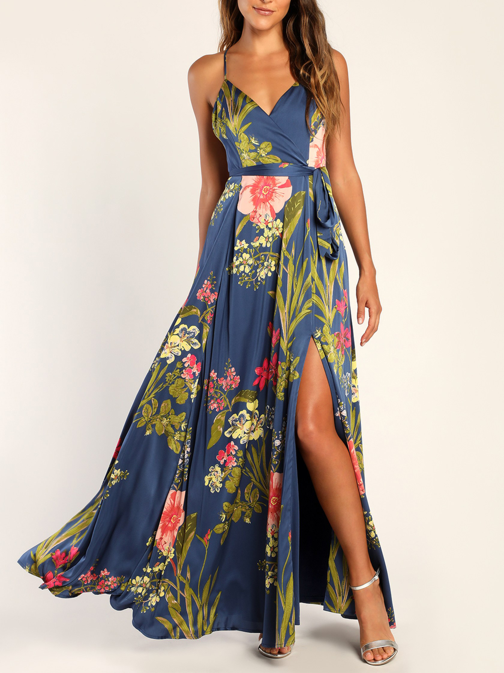 Red Floral Print Satin Maxi Dress