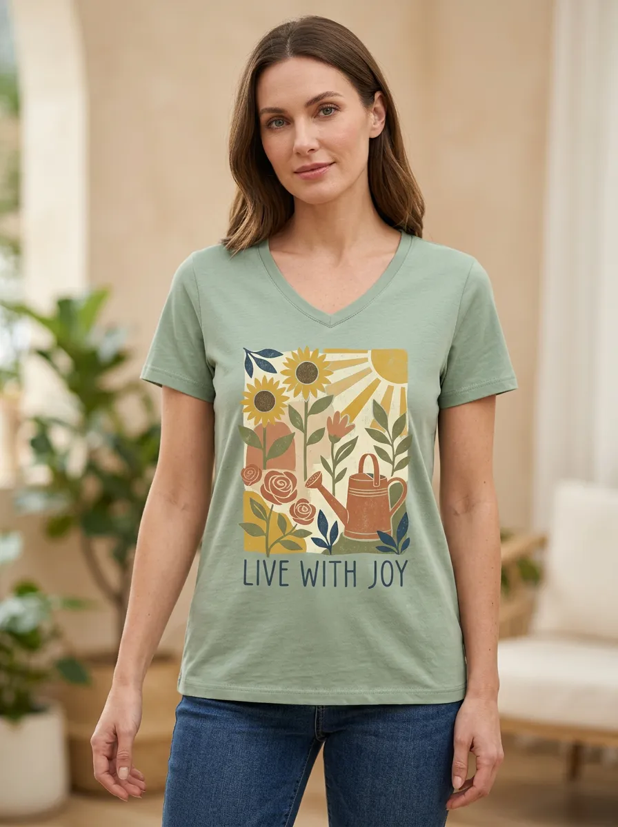 Women's Gardening Sunflower Watering Can Print T-Shirt