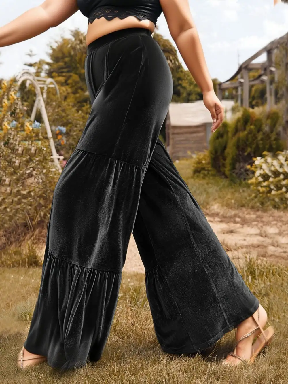 Classic Plus Size Velvet Ruffle Hem Wide Leg Pants