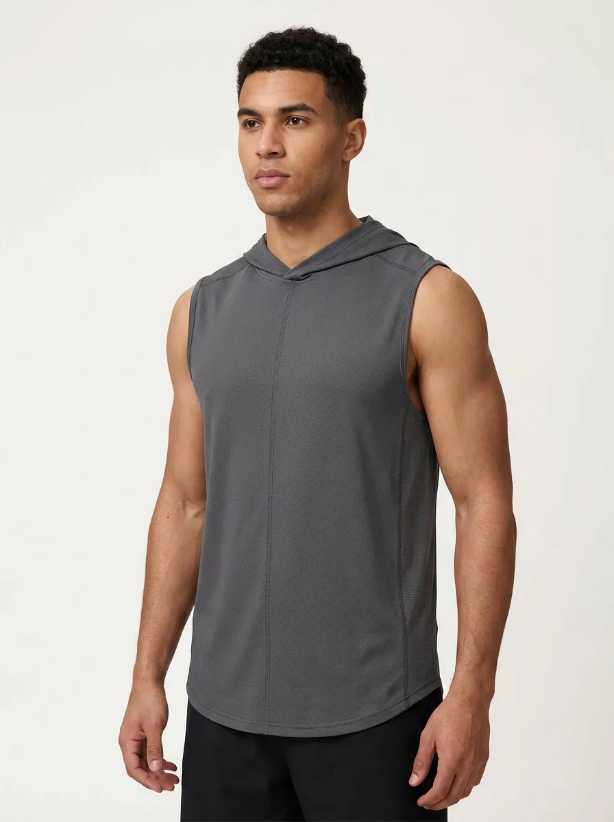 Men's Fitness Gym Workout Grey Hooded Quick-Dry Tank Top
