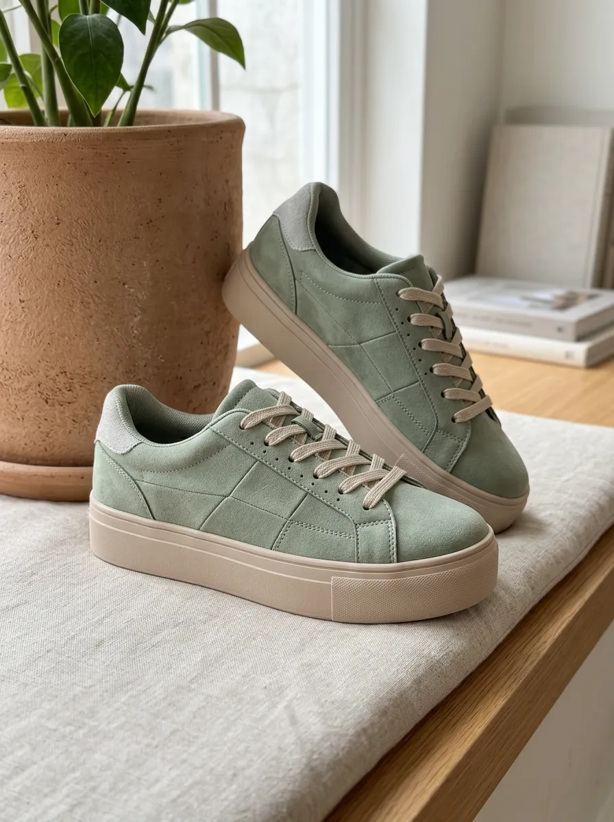Women's Sage Green Suede Platform Casual Sneakers