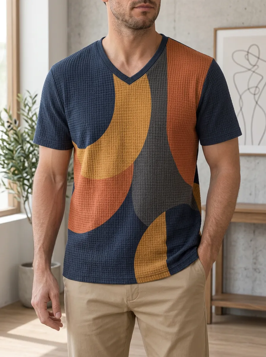 Men's Layered Abstract Geometric Pattern Waffle V-Neck T-Shirt