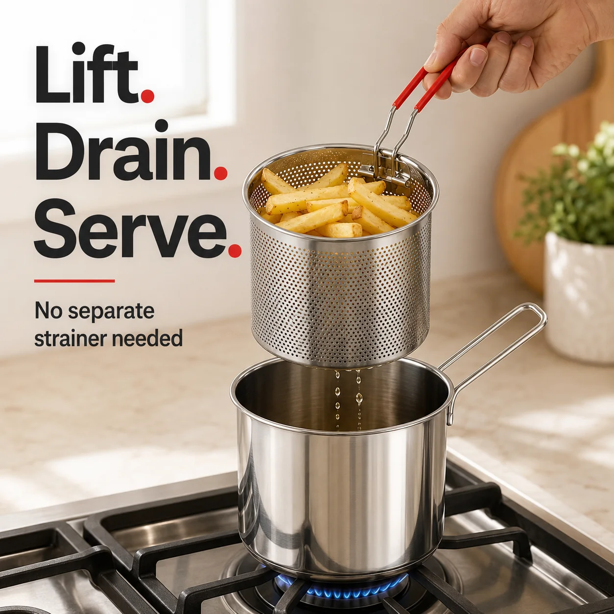 Lift-out basket with fries draining into the pot